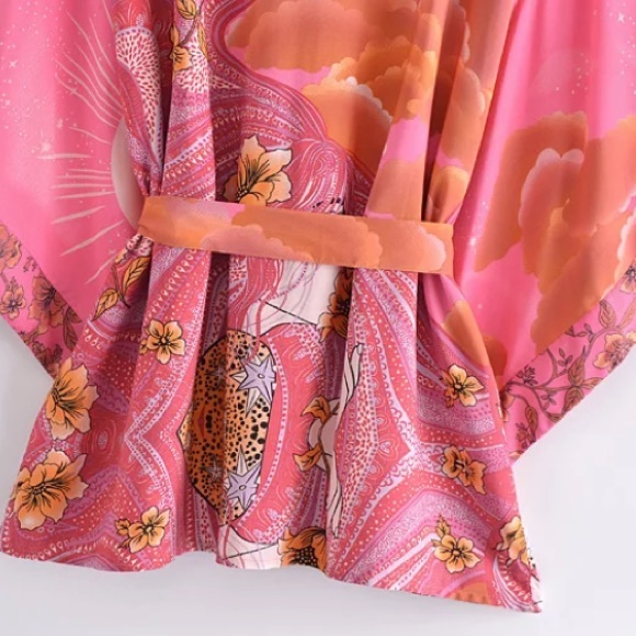 Fuchsia Pink Cosmic Galaxy Moon Boho Short Kimono Coverup Robe - Picture 6 of 10